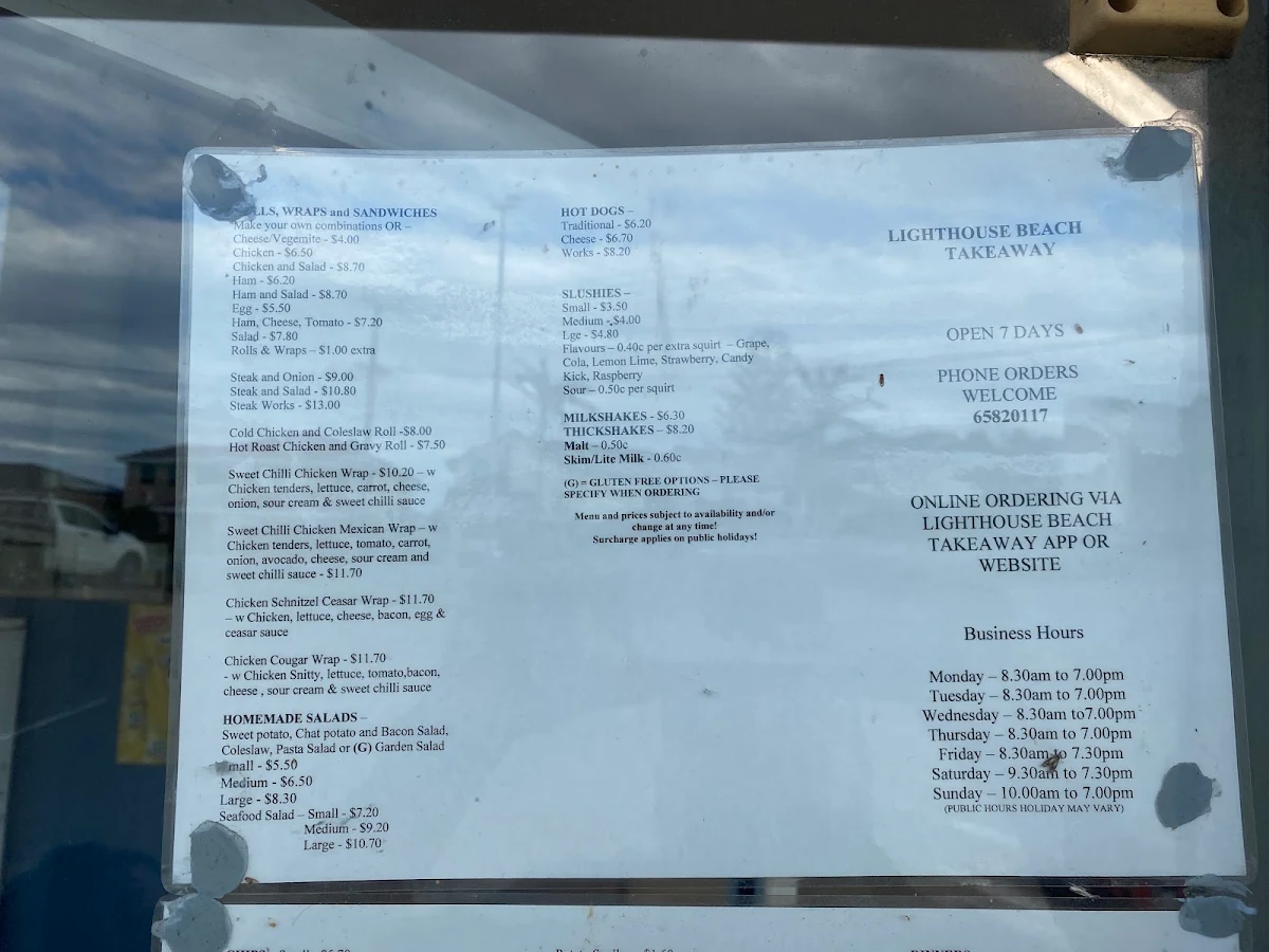 Menu, Lighthouse Beach Takeaway