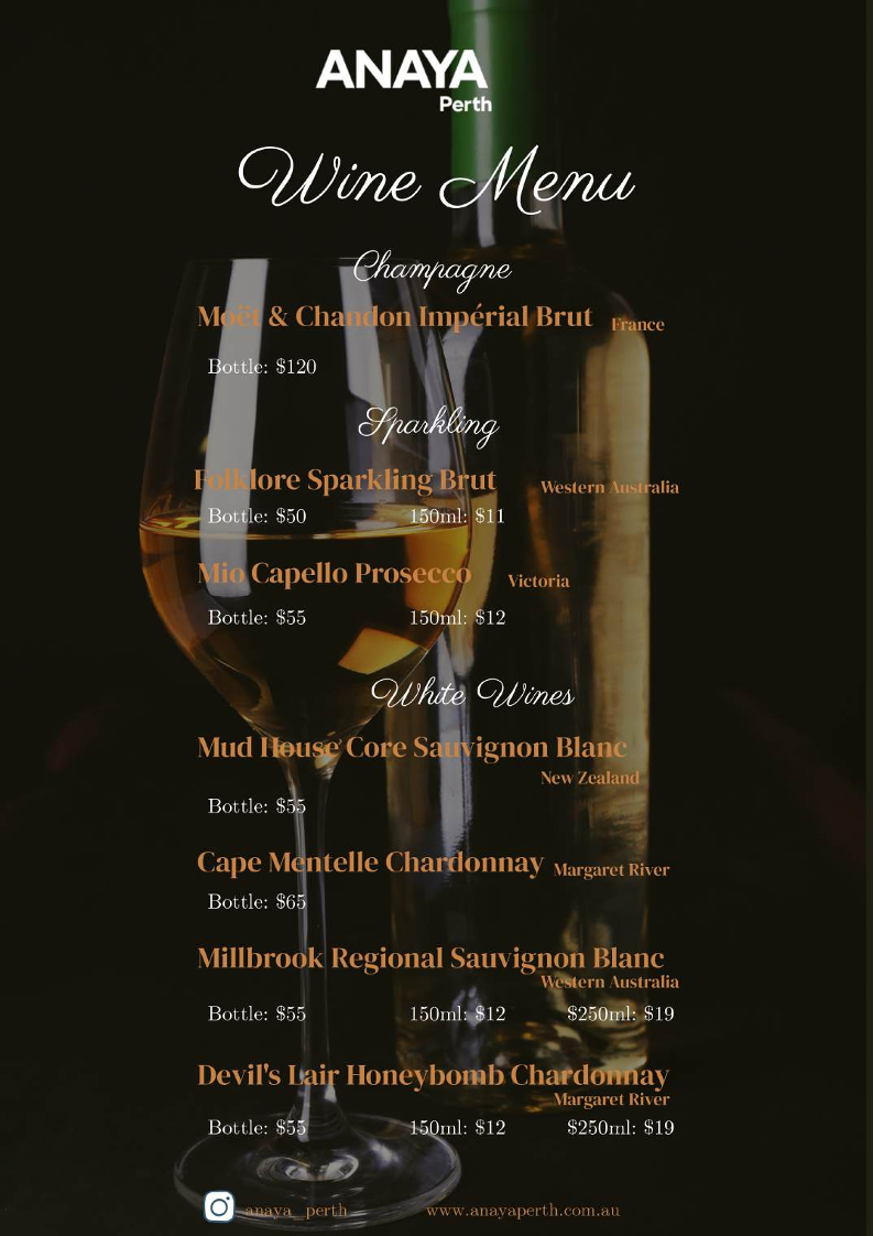 Menu, Anaya Perth Bar and Cafe