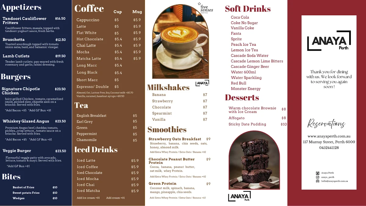Menu, Anaya Perth Bar and Cafe
