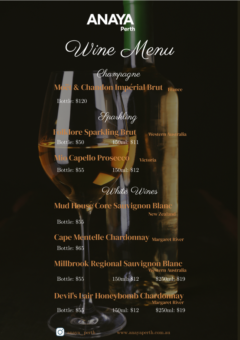 Menu, Anaya Perth Bar and Cafe