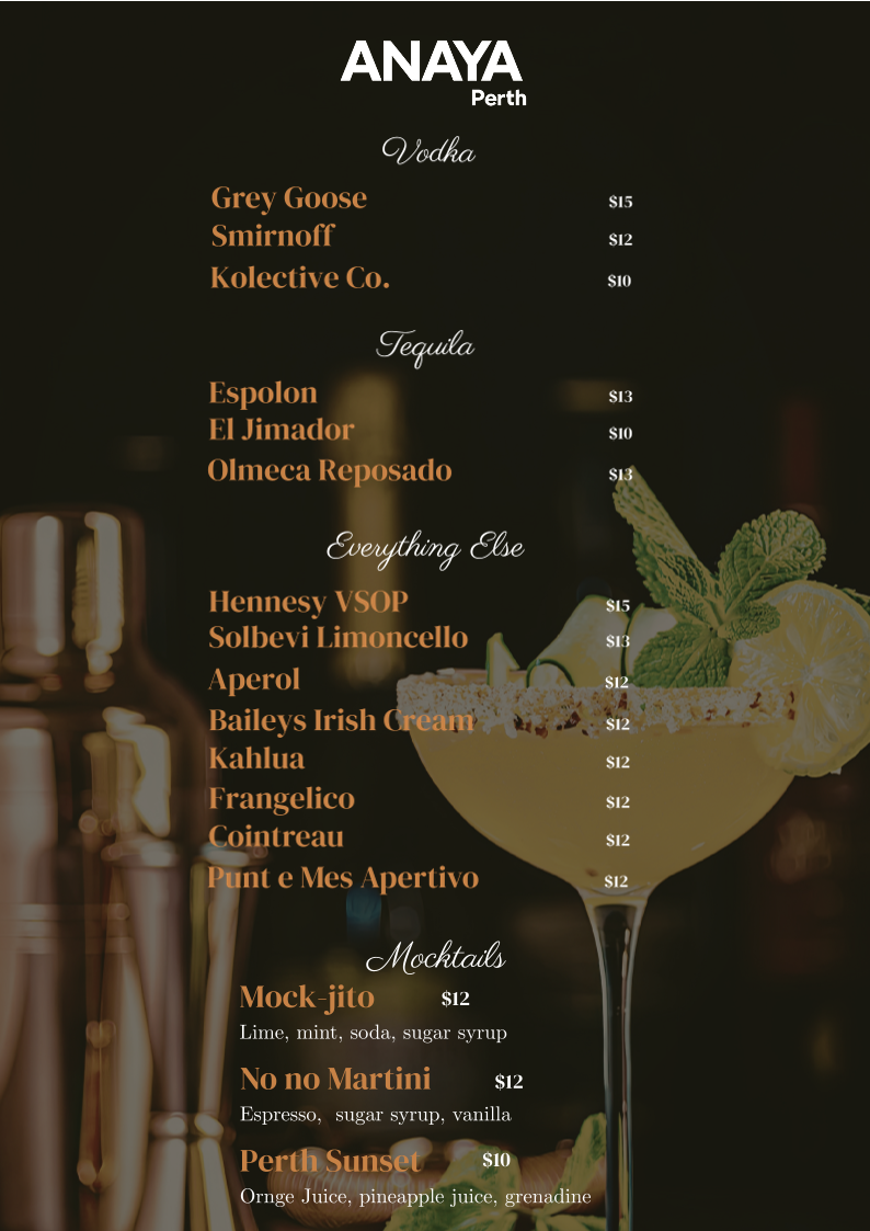 Menu, Anaya Perth Bar and Cafe