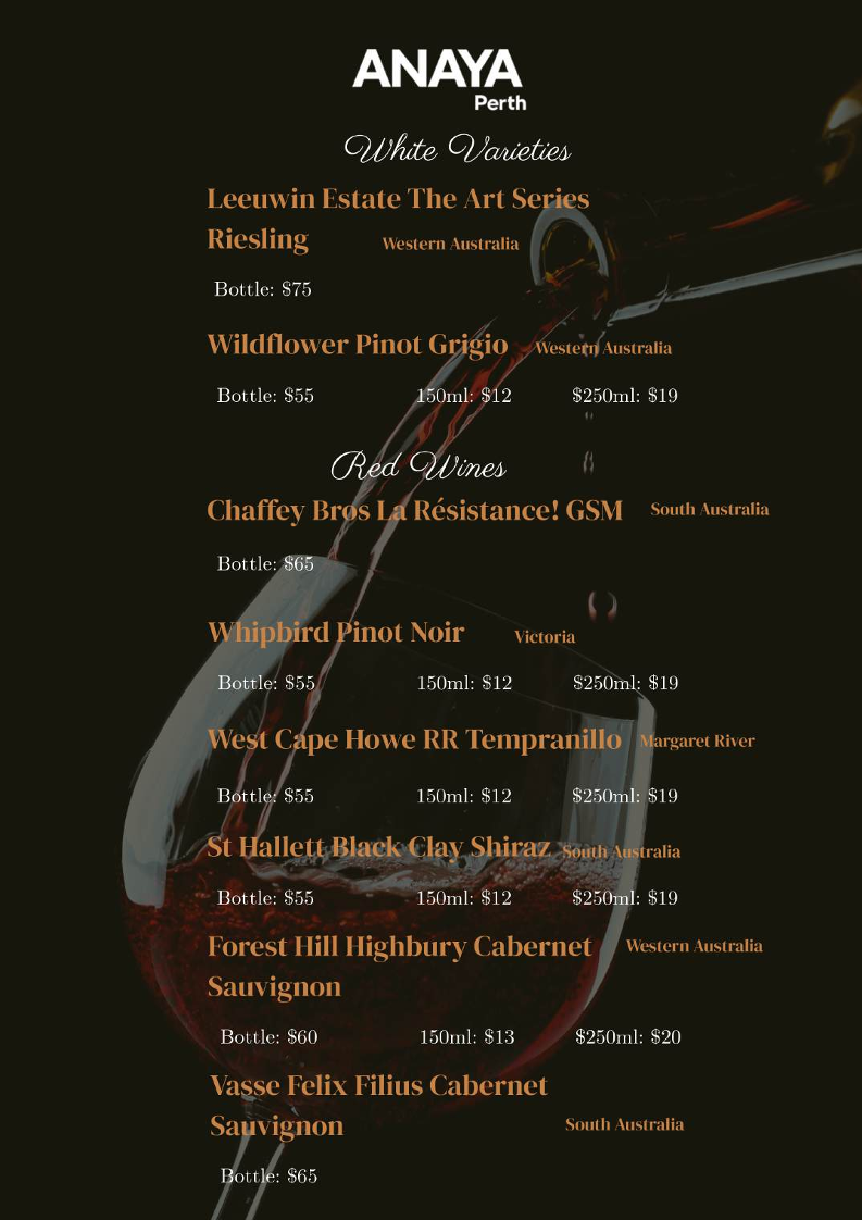 Menu, Anaya Perth Bar and Cafe