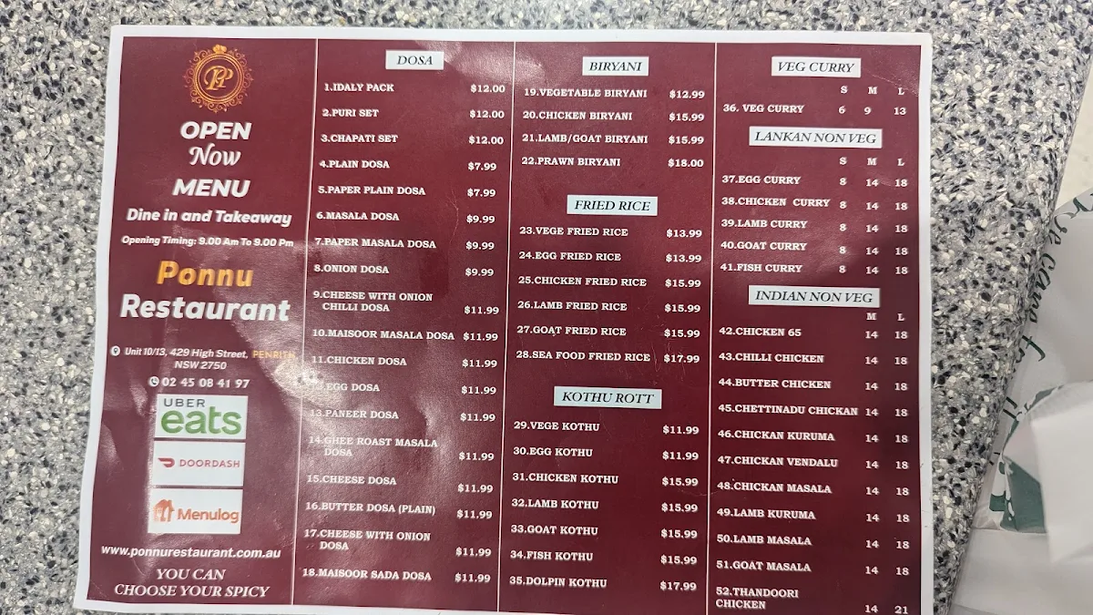 Menu, Ponnu Indian & Sri Lankan Restaurant Penrith