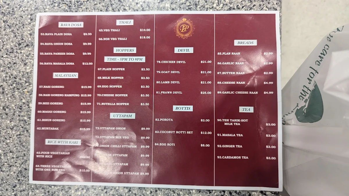 Menu, Ponnu Indian & Sri Lankan Restaurant Penrith
