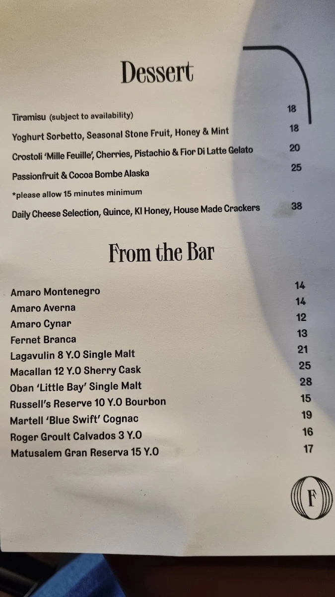 Menu, Fugazzi Bar & Dining Room