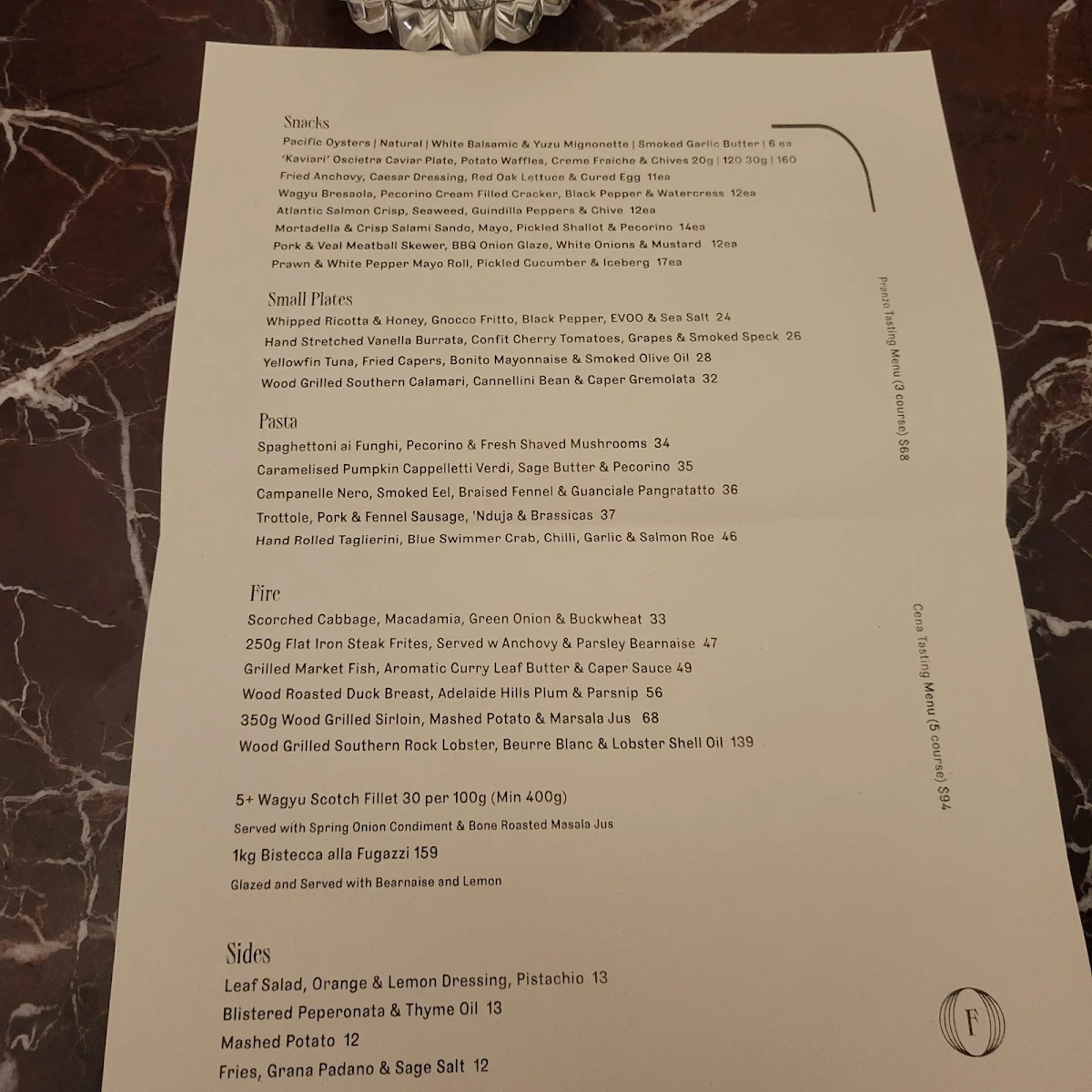 Menu, Fugazzi Bar & Dining Room