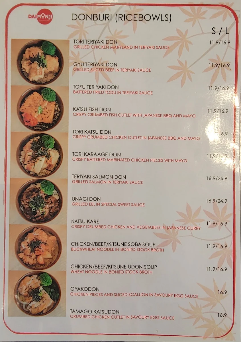Menu, Daimonji Sushi Bar & Grill