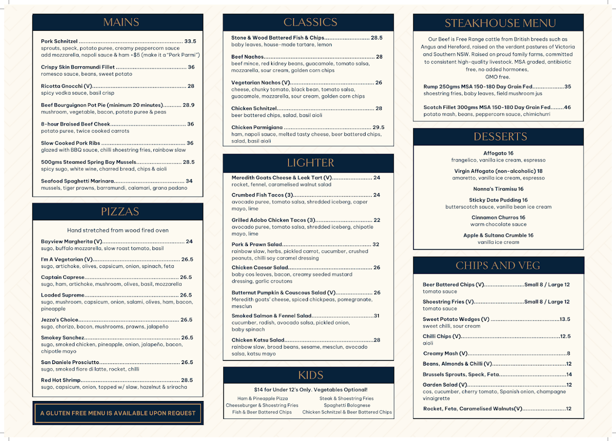 Menu, Bayview Gladesville