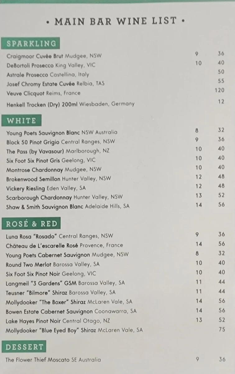 Menu, Bayview Gladesville
