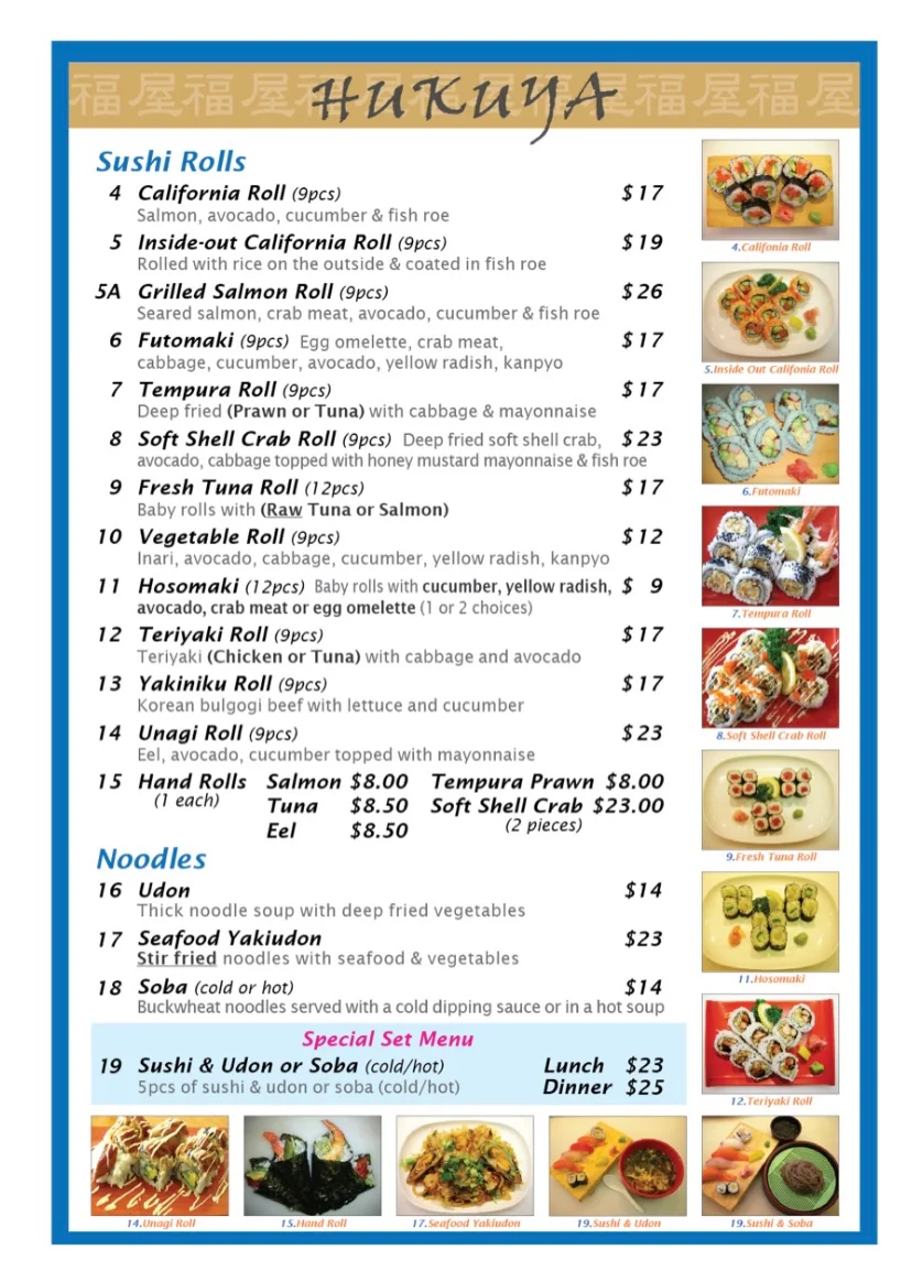 Menu, Hukuya Sushi Bar Eastwood