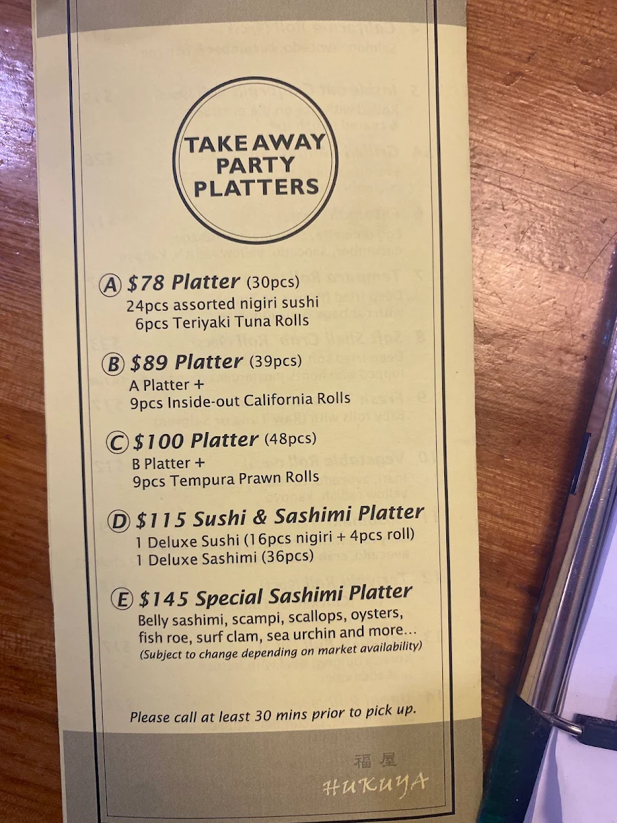 Menu, Hukuya Sushi Bar Eastwood