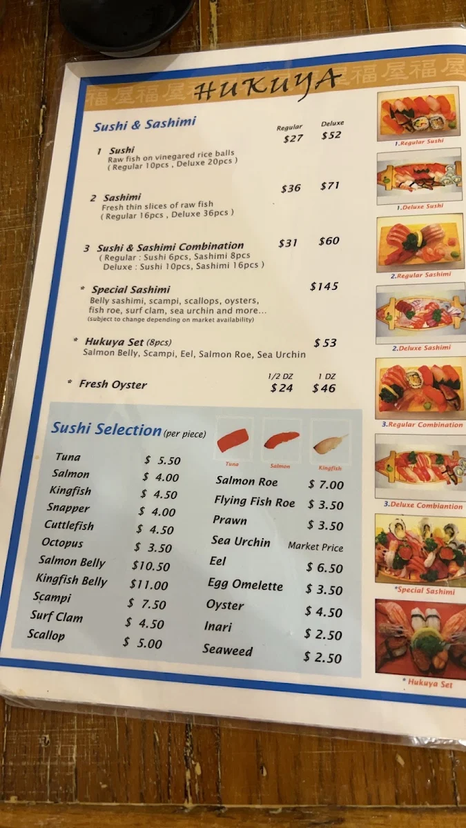 Menu, Hukuya Sushi Bar Eastwood