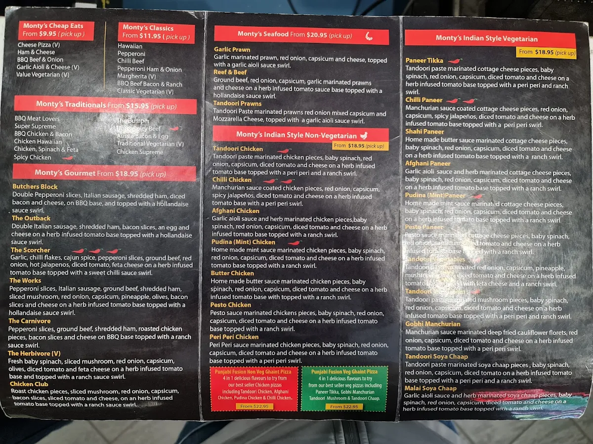 Menu, Monty's Pizza Parramatta
