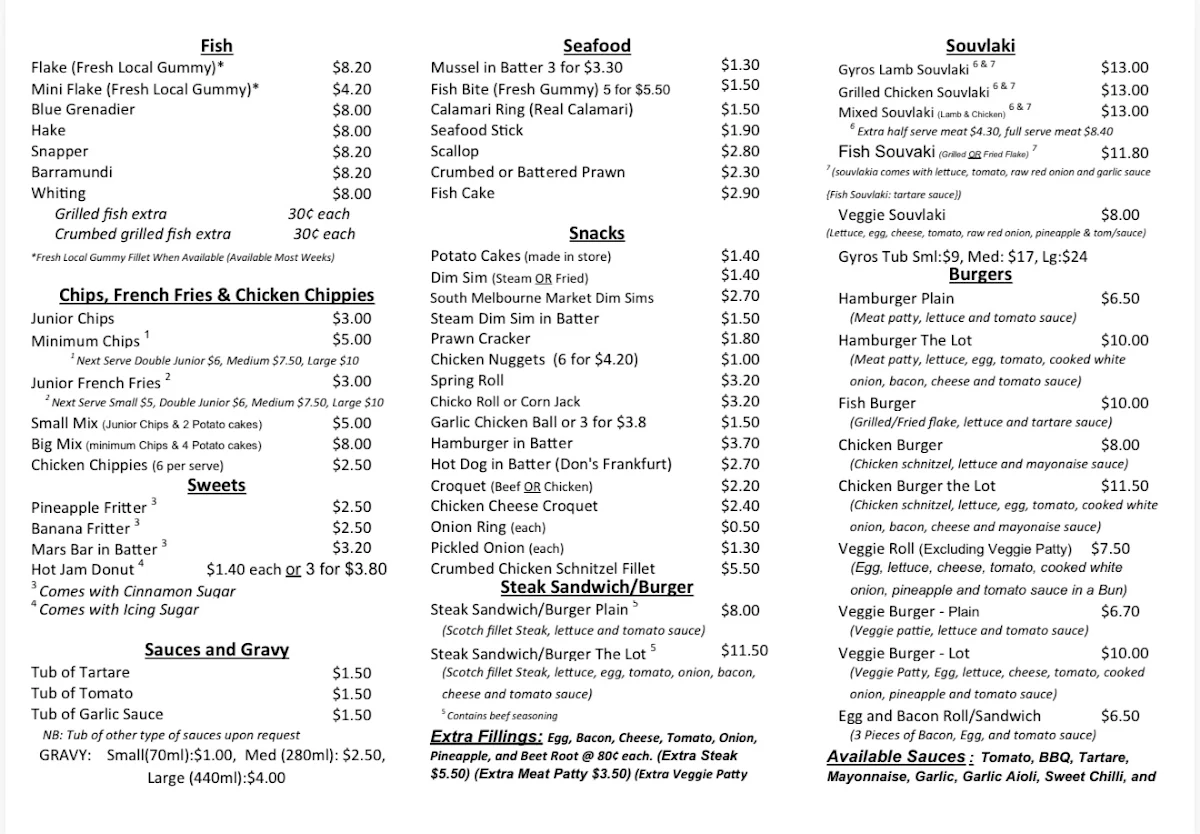 Menu, Seagull Fish & Chips