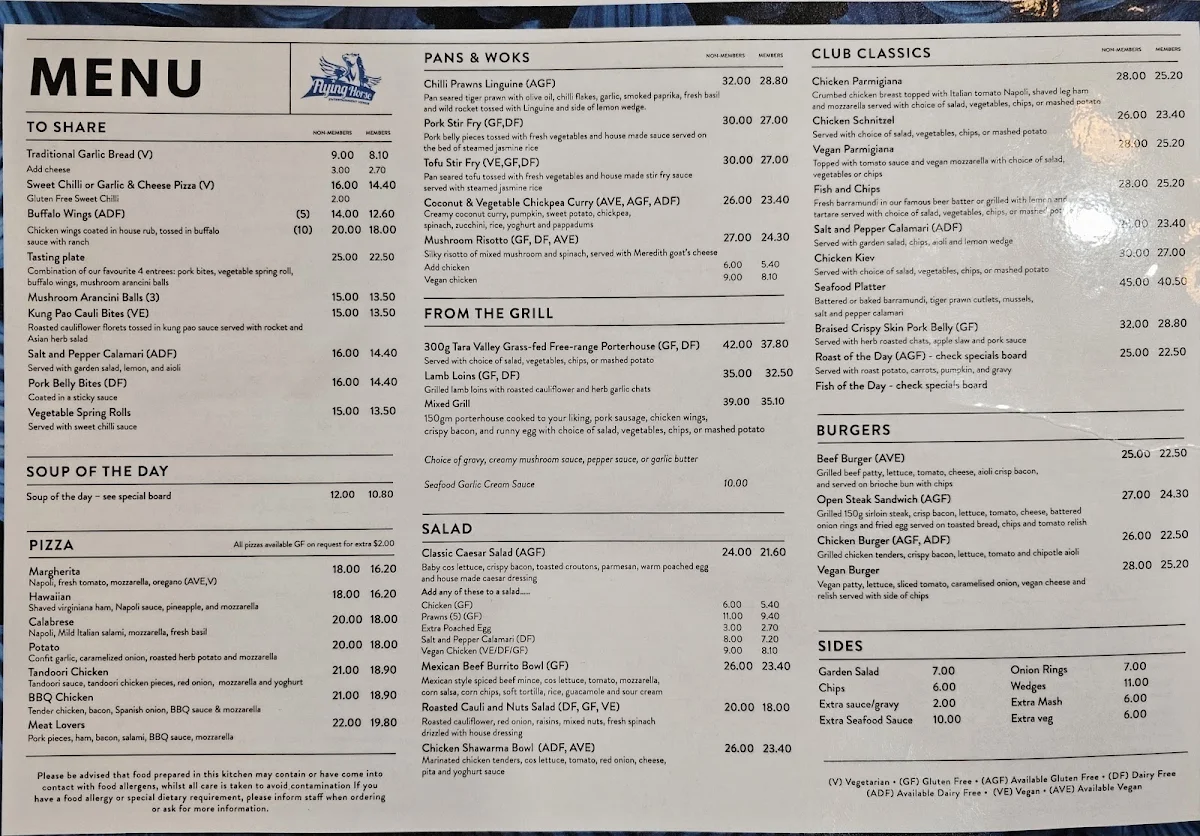 Menu, Flying Horse Entertainment Venue
