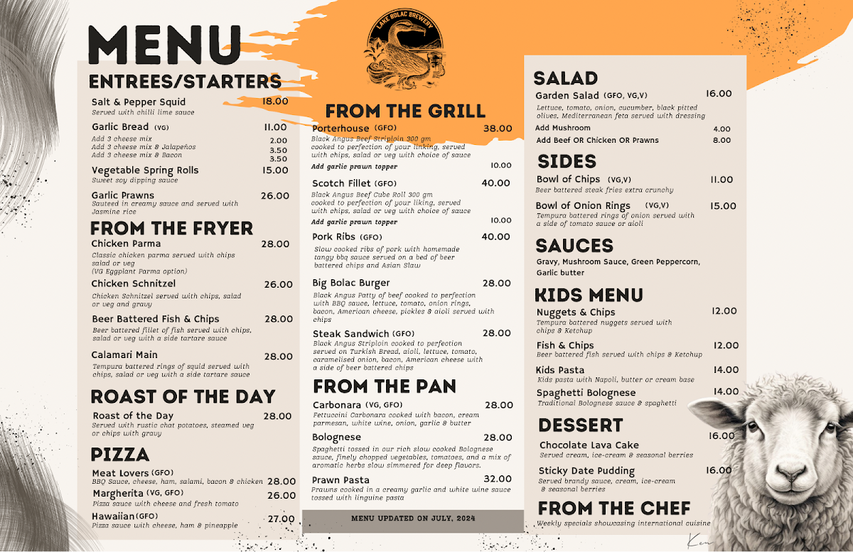 Menu, Lake Bolac Hotel & Brewery