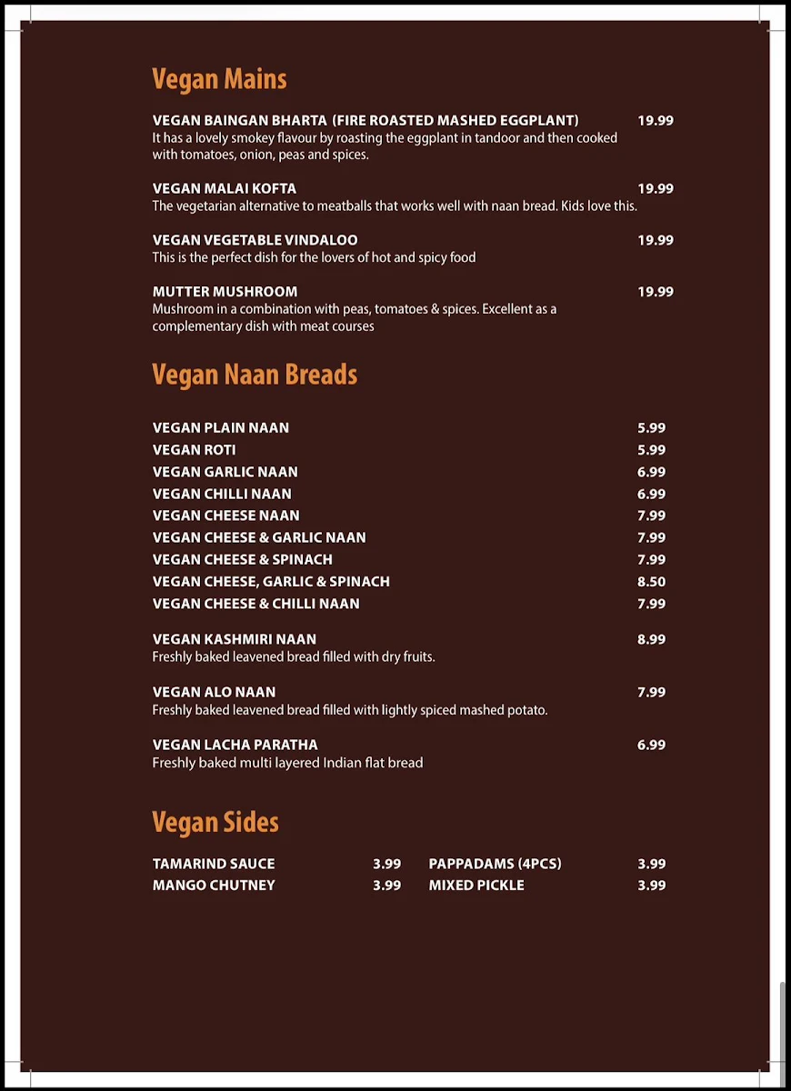 Menu, Chutney Mary's