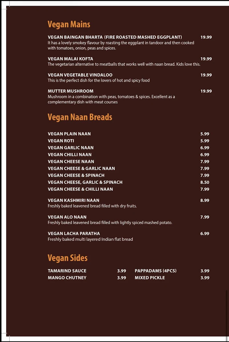 Menu, Chutney Mary's