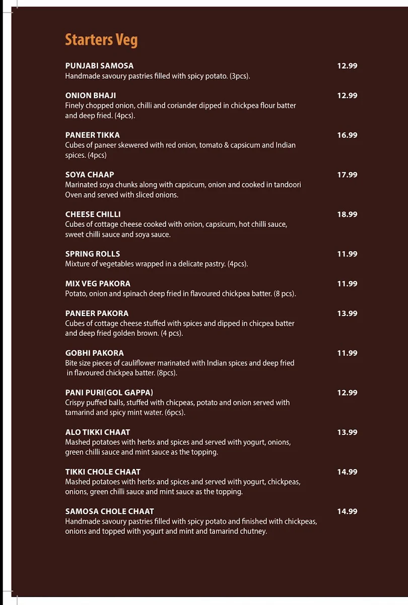 Menu, Chutney Mary's