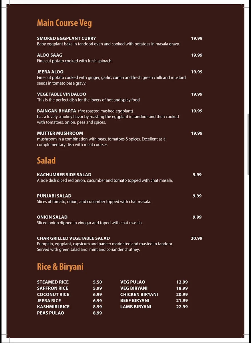 Menu, Chutney Mary's
