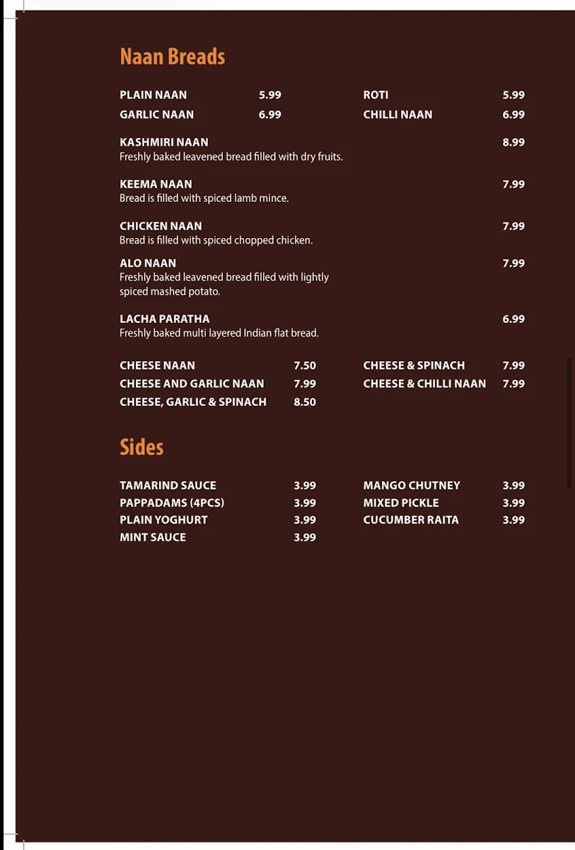 Menu, Chutney Mary's