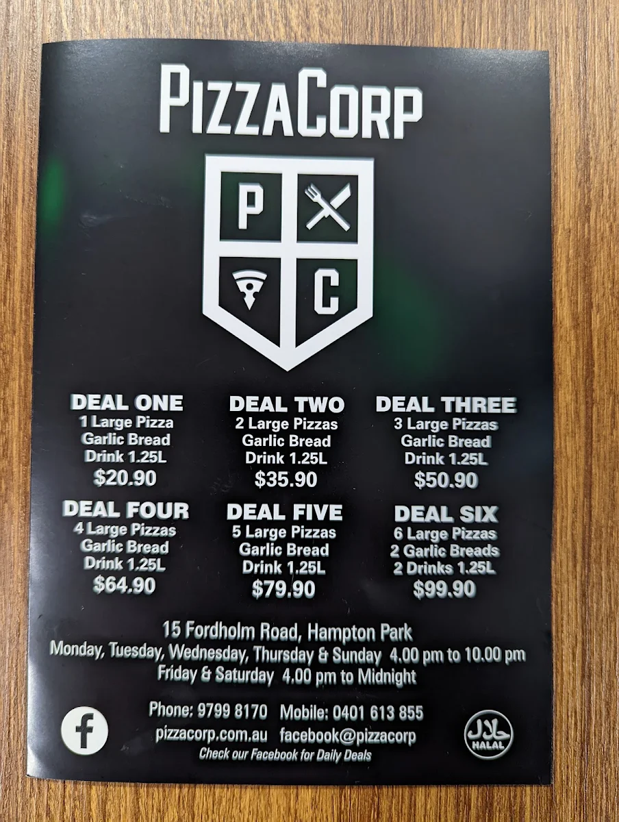 Menu, PizzaCorp