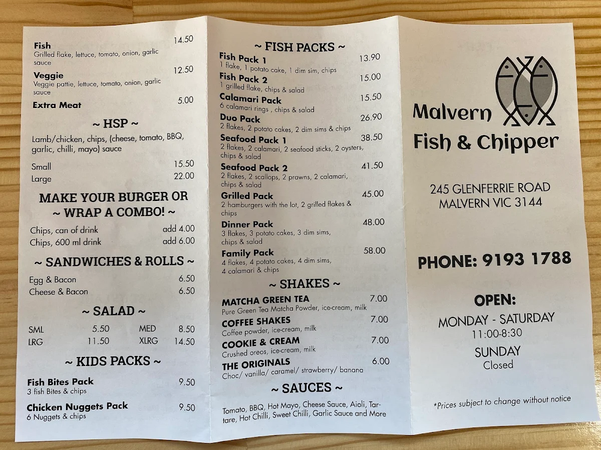 Menu, Malvern Fish & Chipper
