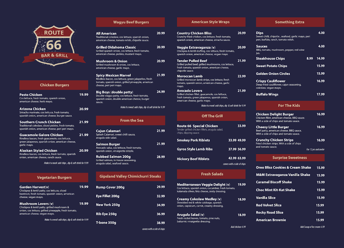 Menu, Route 66 Bar and Grill