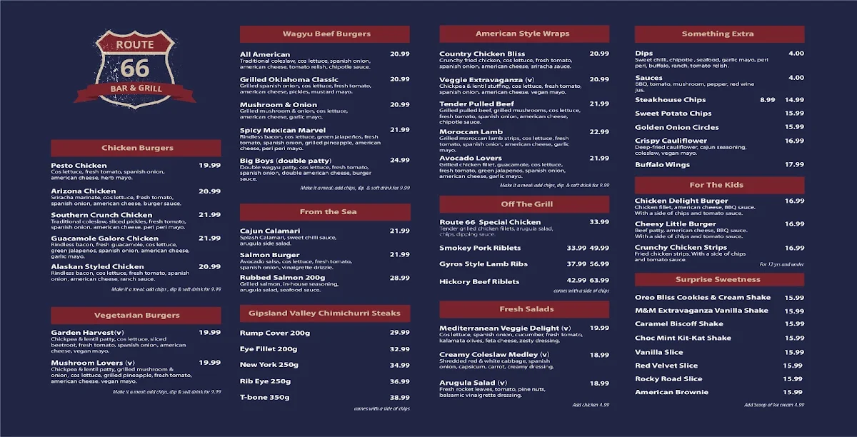 Menu, Route 66 Bar and Grill