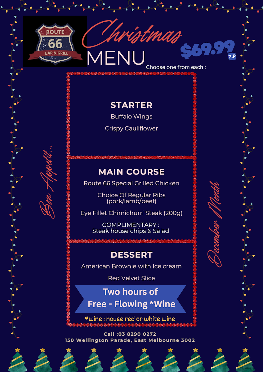 Menu, Route 66 Bar and Grill