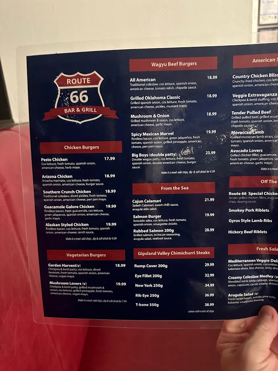 Menu, Route 66 Bar and Grill