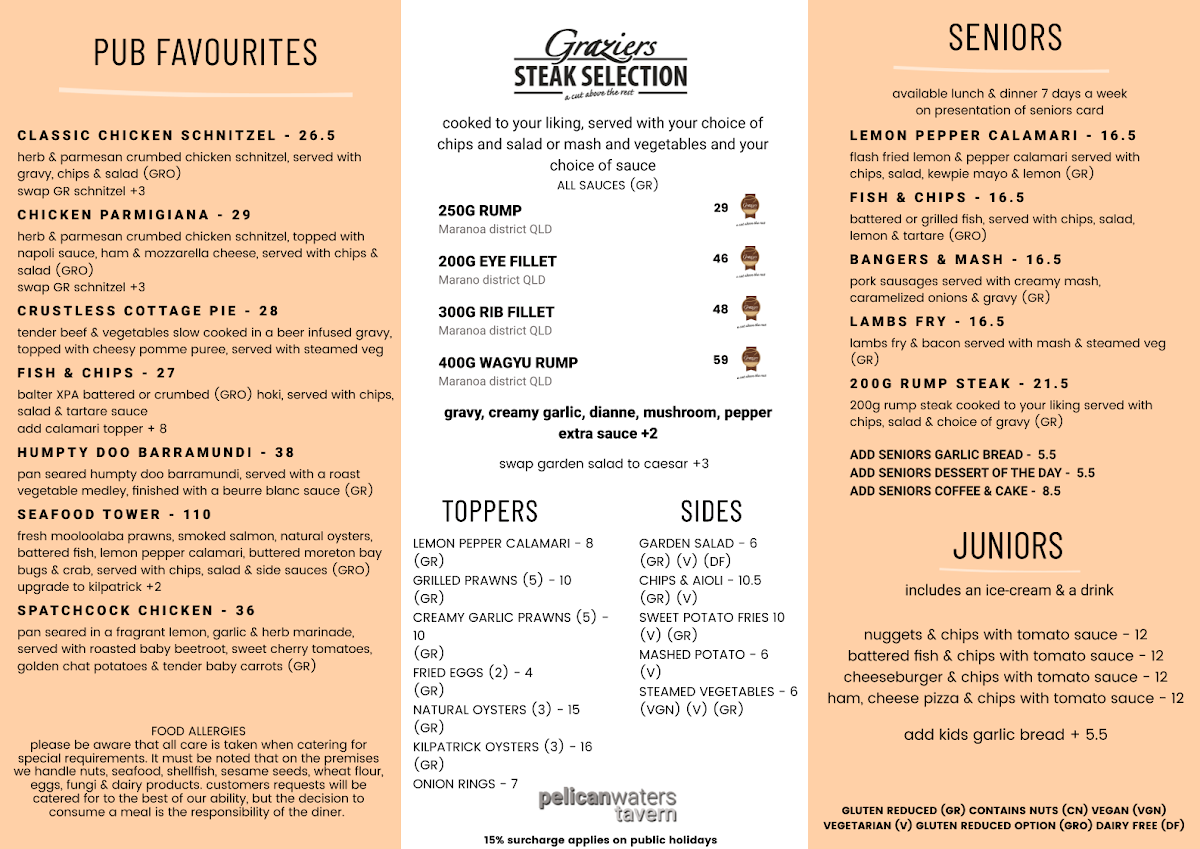 Menu, Pelican Waters Tavern
