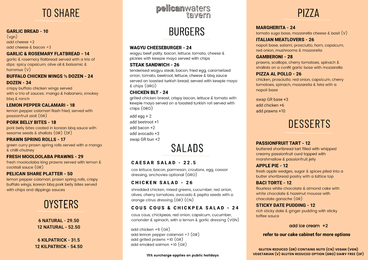 Menu, Pelican Waters Tavern