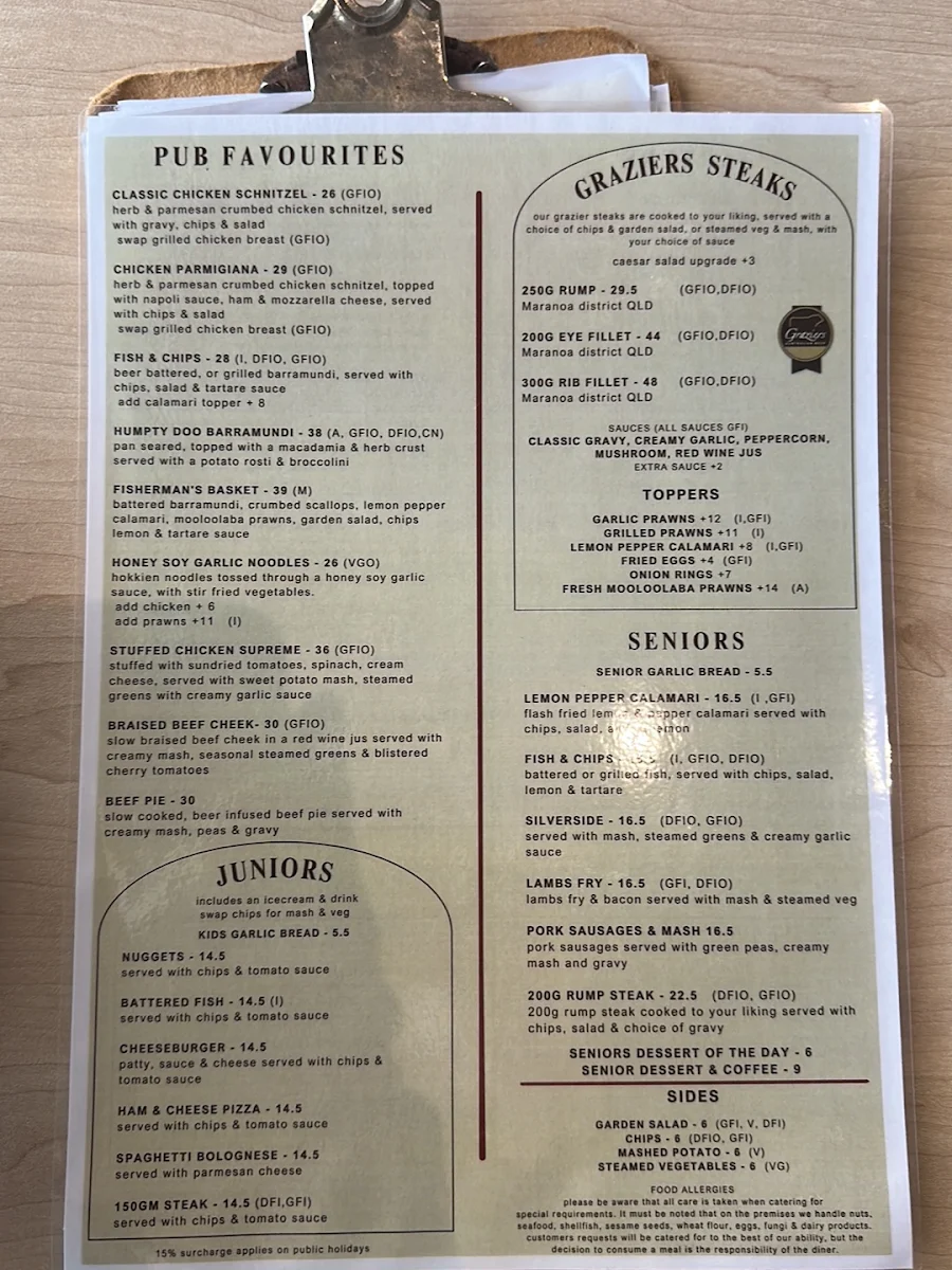 Menu, Pelican Waters Tavern