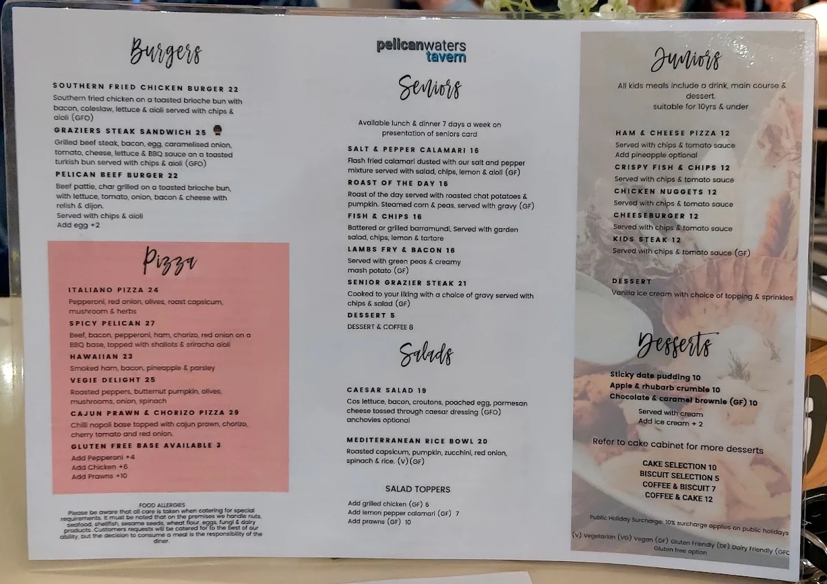 Menu, Pelican Waters Tavern