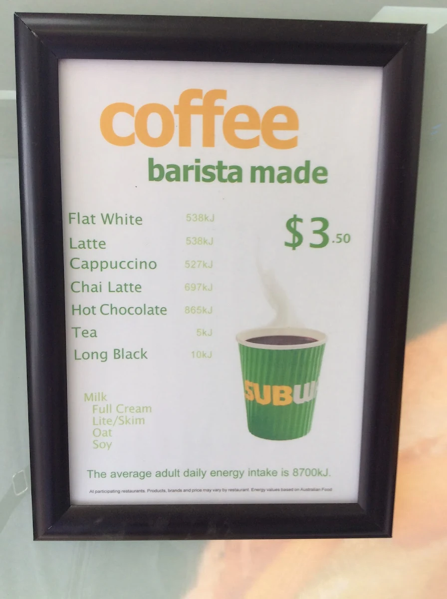 Menu, Subway Lysterfield/Rowville