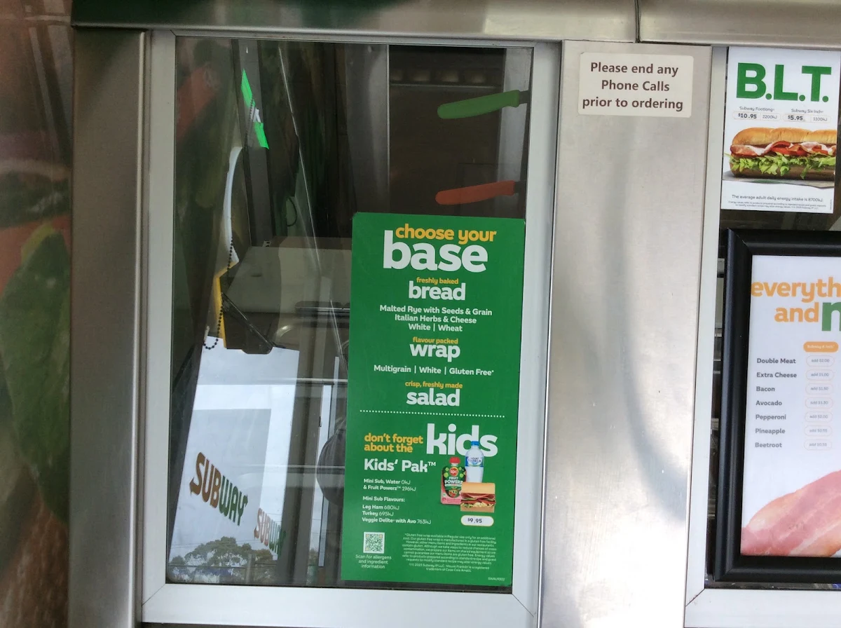 Menu, Subway Lysterfield/Rowville
