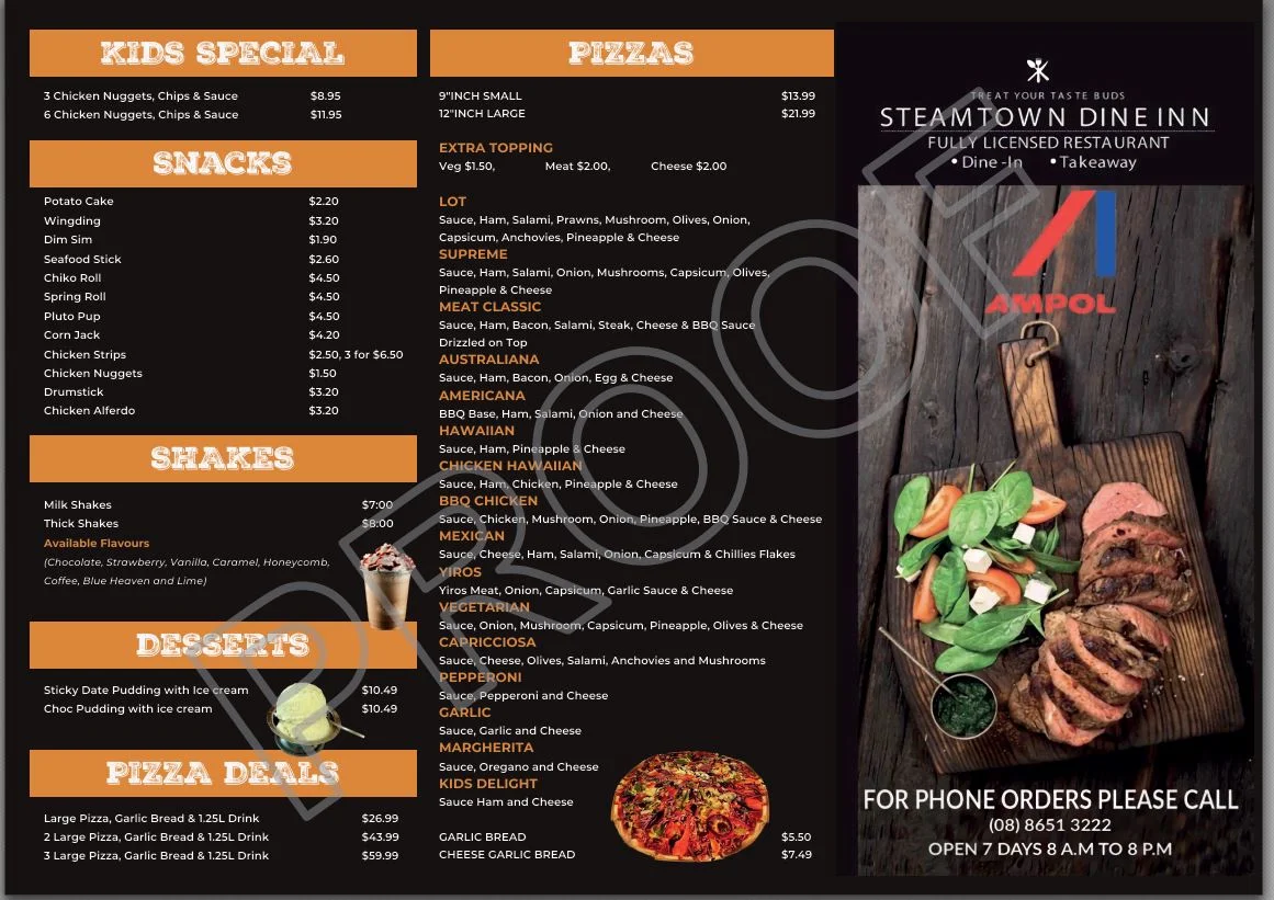 Menu, Steamtown Dineinn