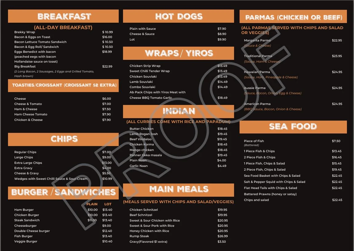 Menu, Steamtown Dineinn