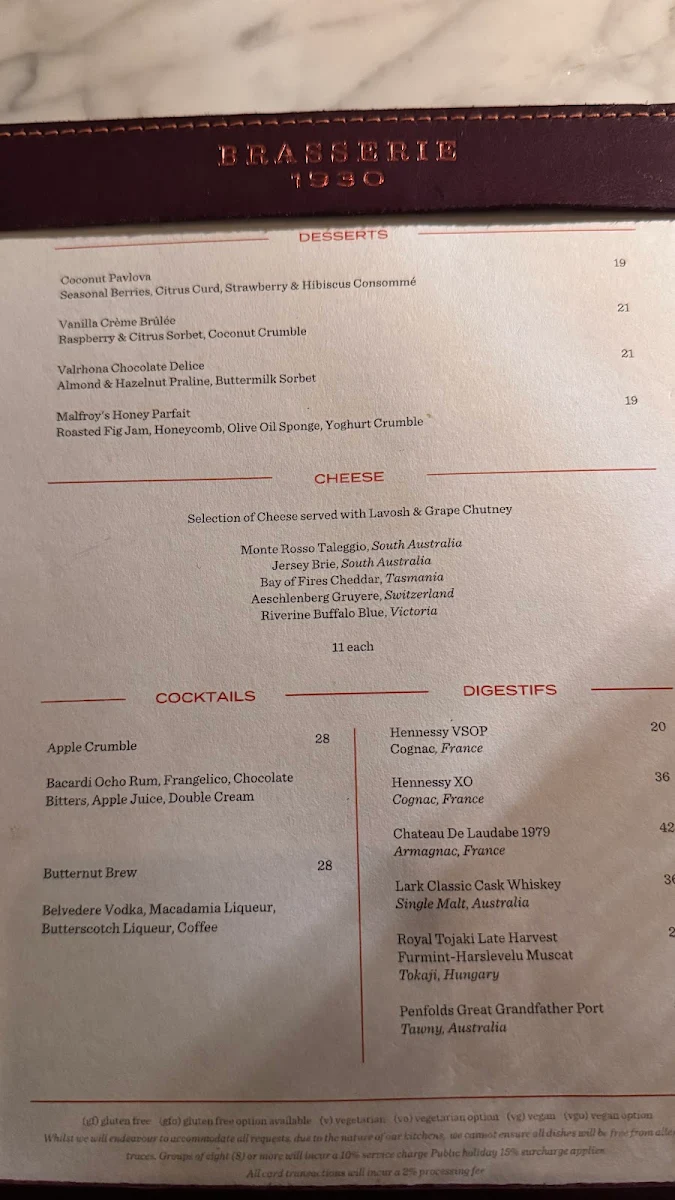 Menu, Brasserie 1930