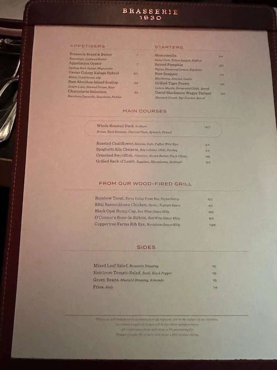 Menu, Brasserie 1930