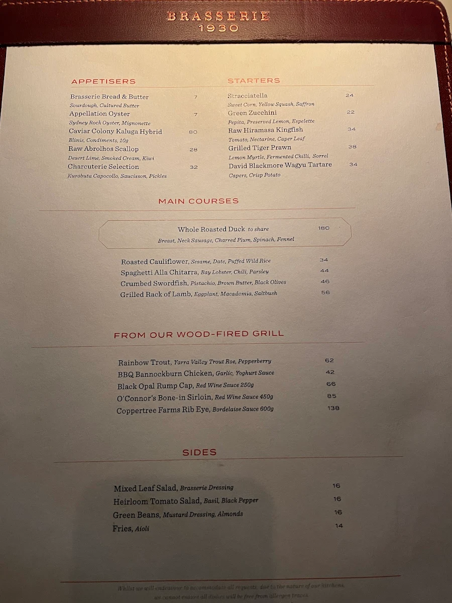 Menu, Brasserie 1930