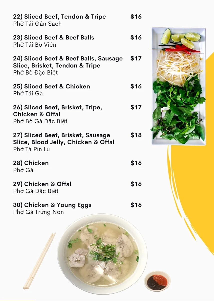 Menu, Pho Tam Vietnamese Restaurant
