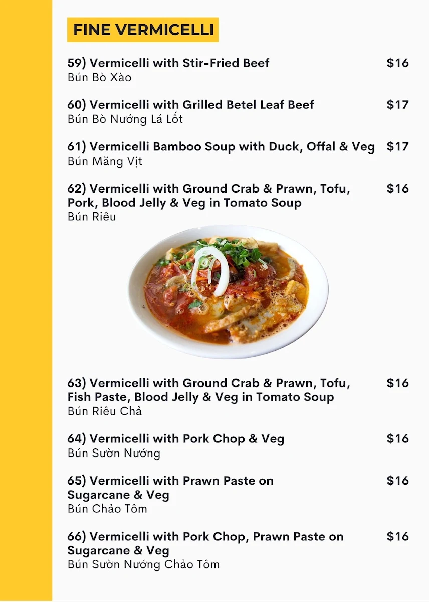 Menu, Pho Tam Vietnamese Restaurant
