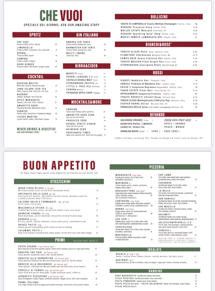 Menu, Che Vuoi Pizzeria Osteria