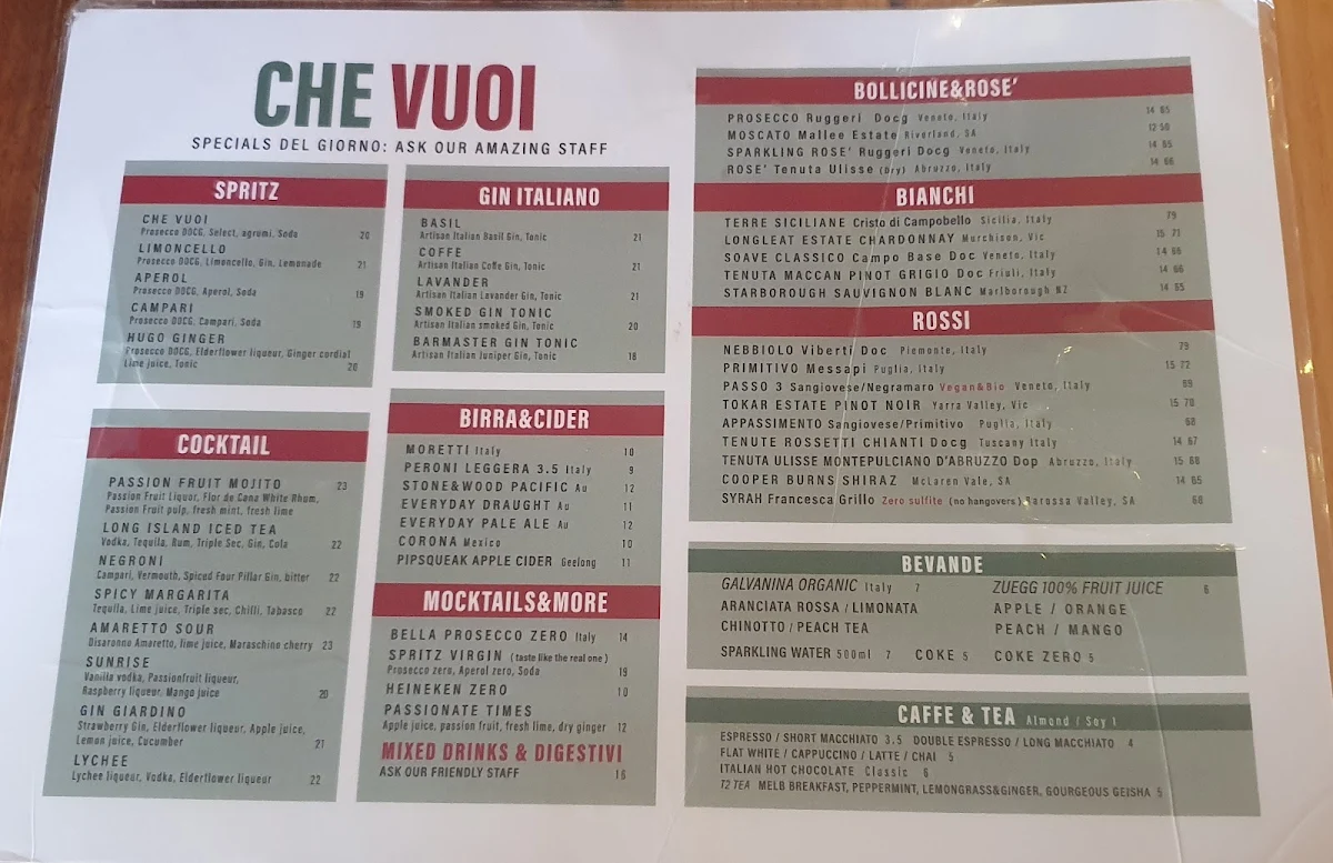 Menu, Che Vuoi Pizzeria Osteria