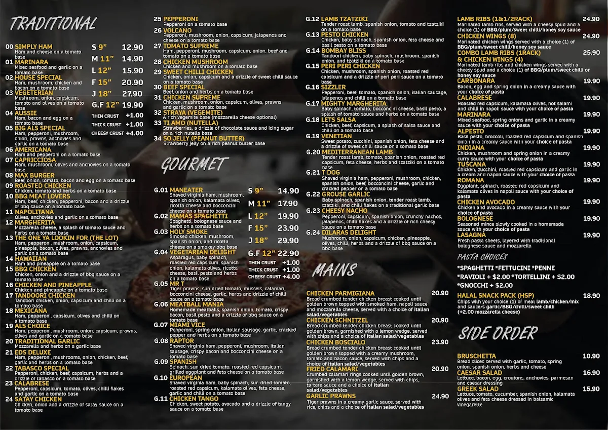 Menu, Big Al's Pizza Tecoma
