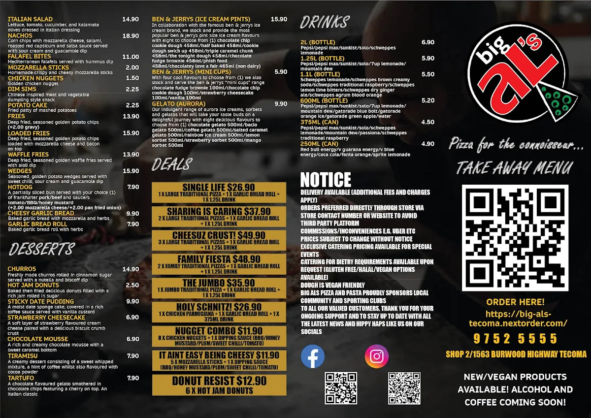 Menu, Big Al's Pizza Tecoma