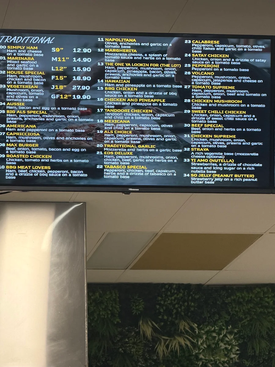Menu, Big Al's Pizza Tecoma