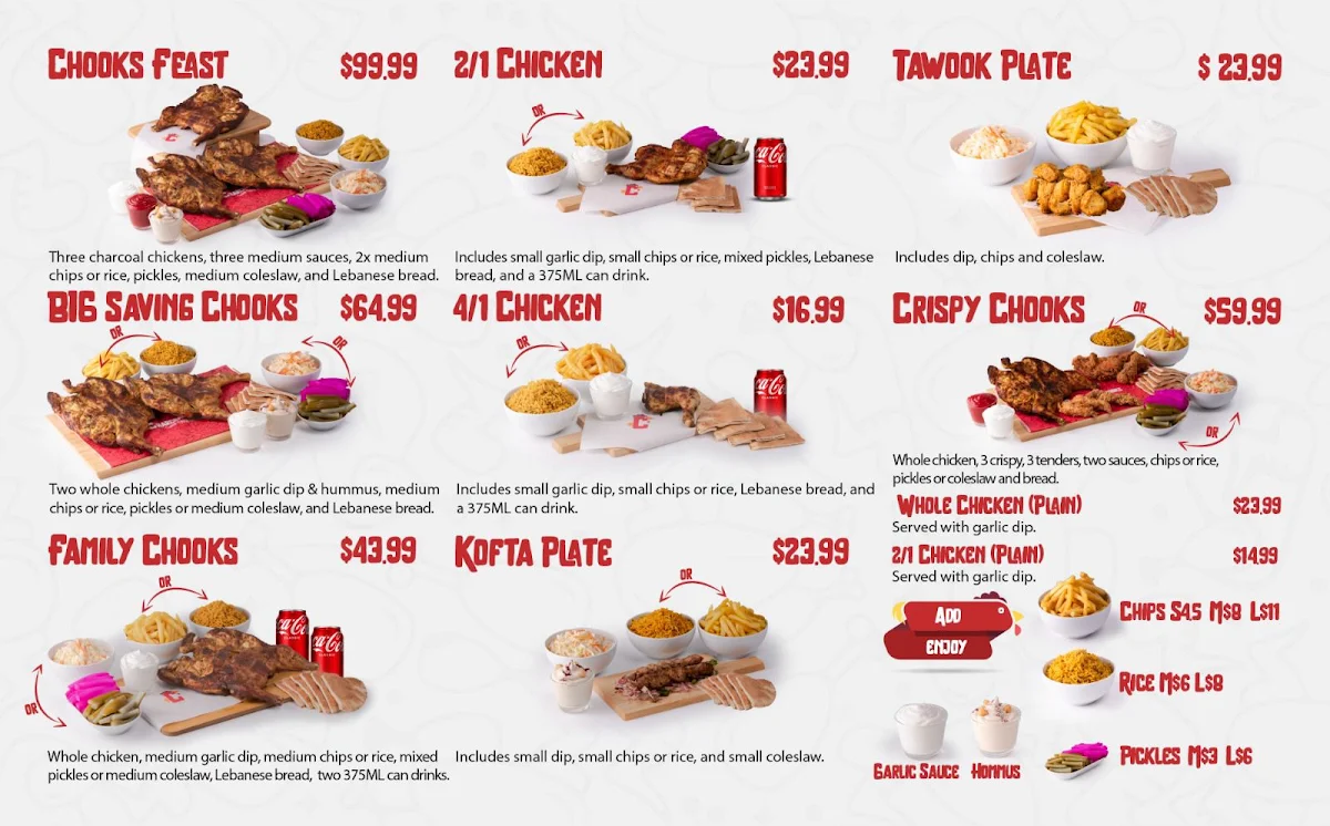 Menu, Charcoal Chooks